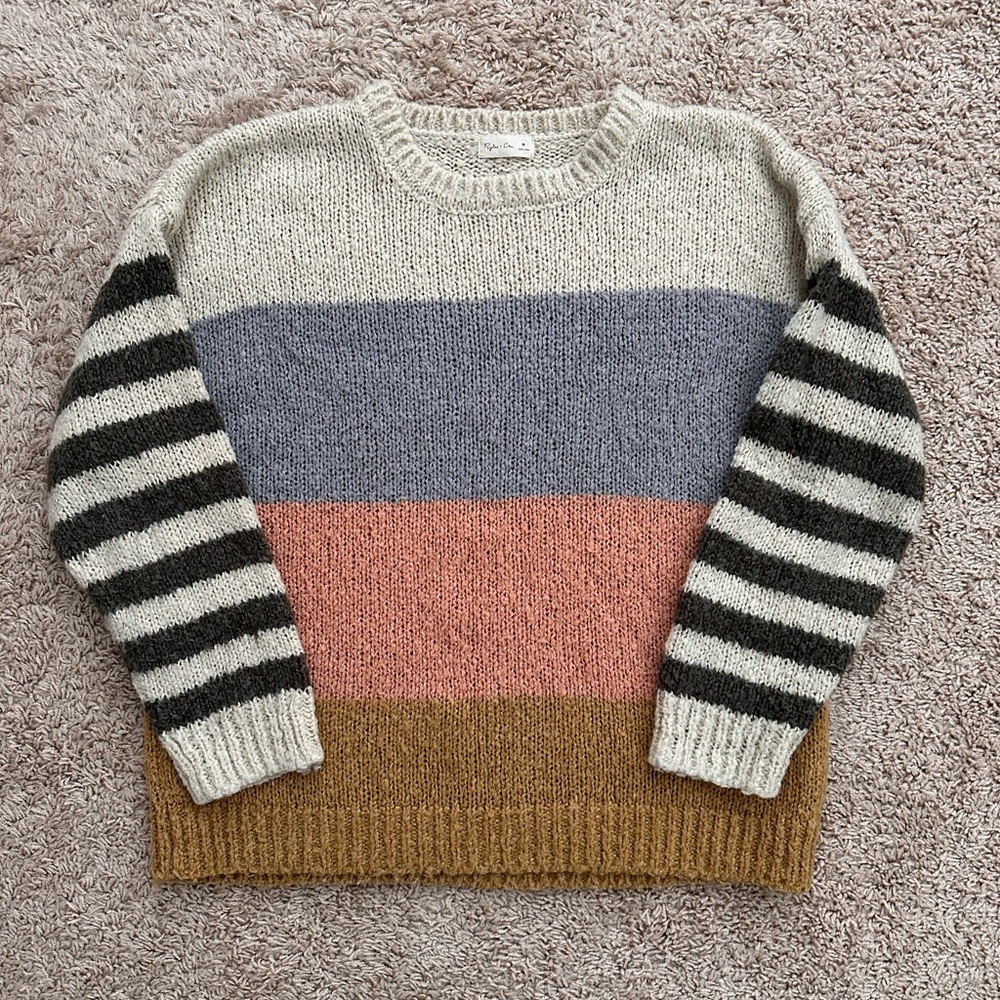 Colorblock Striped Cozy Crewneck Sweater - Cream, Blue, Coral, Mustard